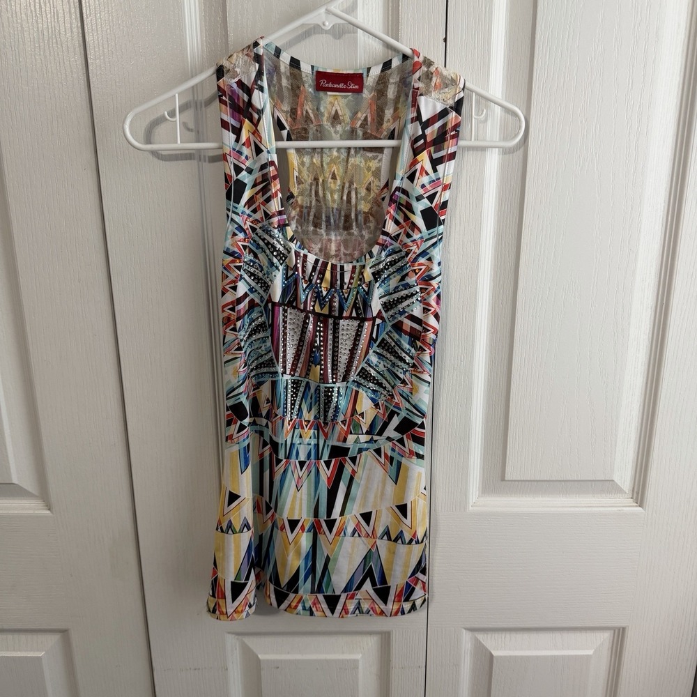 Panhandle Slim Vintage Multicolor Rhinestone Lace Tank Top Women's Size Small